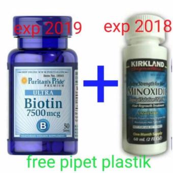 Gambar Kirkland Minoxidil 60 ml   Puritan Pride Biotin 7500 mcg50Kapsul Paket Perawatan Rambut Rontok Original USA