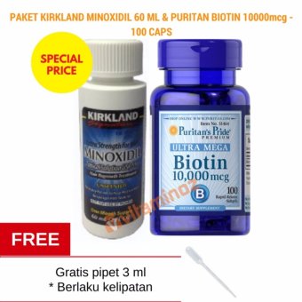 Gambar Paket Kirkland Minoxidil 60 ml   Puritan Biotin 10000 mcg 100 softgel