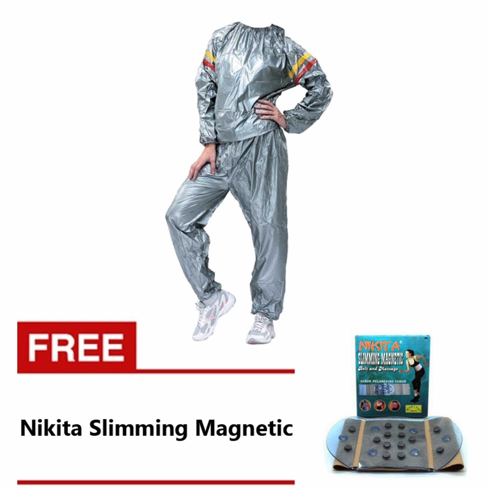 Lucky Sport Sauna Suit Baju Sauna Pembakar Lemak - Silver + Nikita Slimming Magnetic Belt And Massage - Korset magnet Pelangsing Perut - 1 Pcs