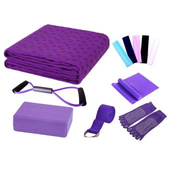 Gambar niceEshop Yoga Starter Kit   7 buah Penting Pemula Bundel Termasuk Handuk Yoga, Yoga Blok, Tali Yoga, Peregangan Band, Kaus Kaki Yoga, Yoga Bando, Kabel Pegas, Ungu