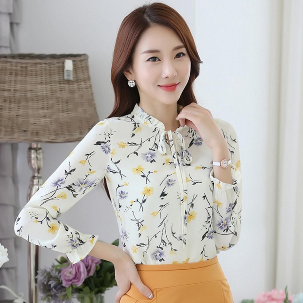 Amart Atasan Wanita Chiffon Kasual Blus Motif Bunga Kemeja Longgar Berlengan Panjang Elegan-Intl