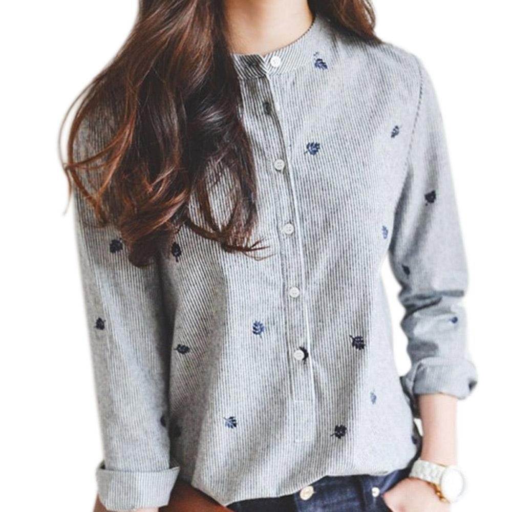 Amart Fashion Blus Wanita Atasan Kemeja Berbordir Daun Lengan Panjang Kasual Panjang Lengan Bergaris