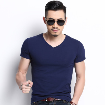 Gambar Casual Lycra solid color cotton short sleeved versatile bottoming shirt summer T shirt (Biru NAVY)