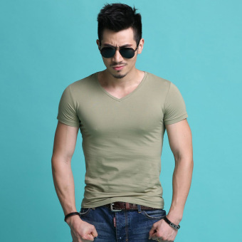 Gambar Casual Lycra solid color cotton short sleeved versatile bottoming shirt summer T shirt (Di Green)