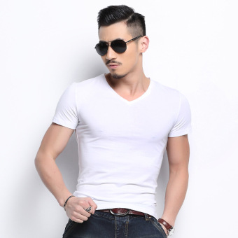 Gambar Casual Lycra solid color cotton short sleeved versatile bottoming shirt summer T shirt (Putih)
