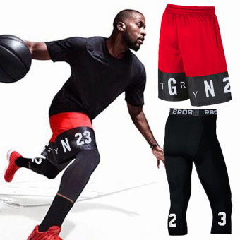 Jual Cepat Kering bernapas kebugaran berjalan celana olahraga celana basket celana pendek celana pendek (Try merah celana pendek + 23 hitam celana) Murah