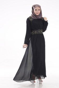 Gambar Chloe s Clozette Baju Muslim Dress Gamis Kaftan Lengan Panjang kodeMD 18 Hitam