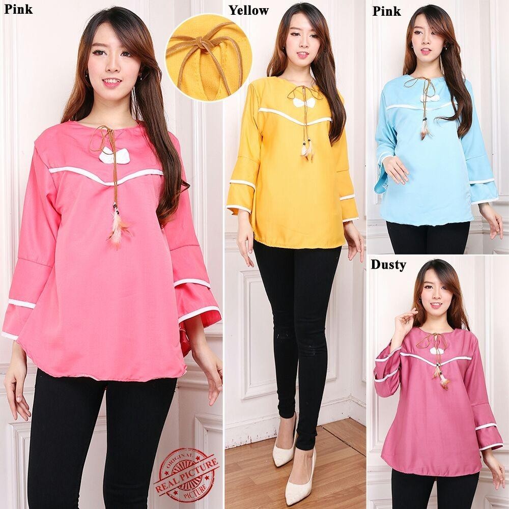 Cj collection Atasan blouse kemeja tunik wanita jumbo shirt blus long tunik Celia - Blue