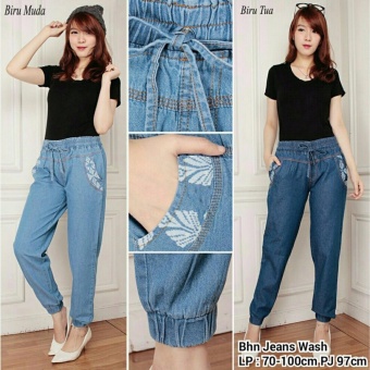 Gambar Cj collection Celana jeans joger panjang wanita jumbo long pant Kiesa   biru tua