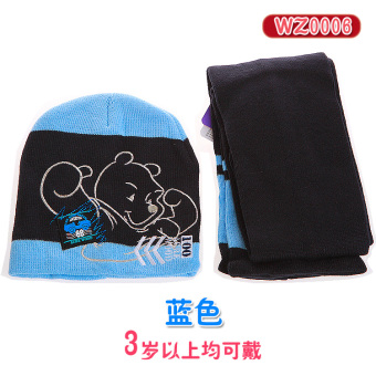 Gambar Disney anak anak topi anak laki laki dan perempuan rajutan topi syal dua potong (Merajut topi WZ0006 biru)