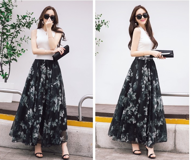 ... DR066 bohemia wanita sifon motif bunga pantai ekspansi besar panjang maxi rok pinggang elastis M L XL