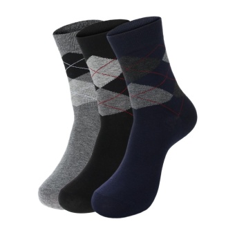 Gambar EOZY Fashion 3 Pair Mens Pure Cotton Socks Rhombus PrintedBreathable Casual Socks (Grey)   intl