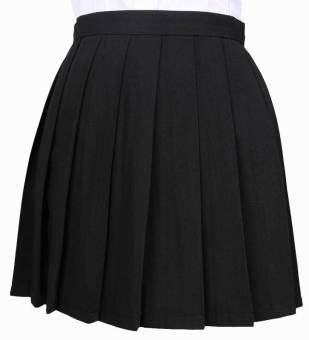Gambar EOZY Fashion gaya Jepang wanita gadis pola garis pinggang tinggirok seragam pendek Mini gaun ukuran S, M, L, XL, 2XL (hitam)  International
