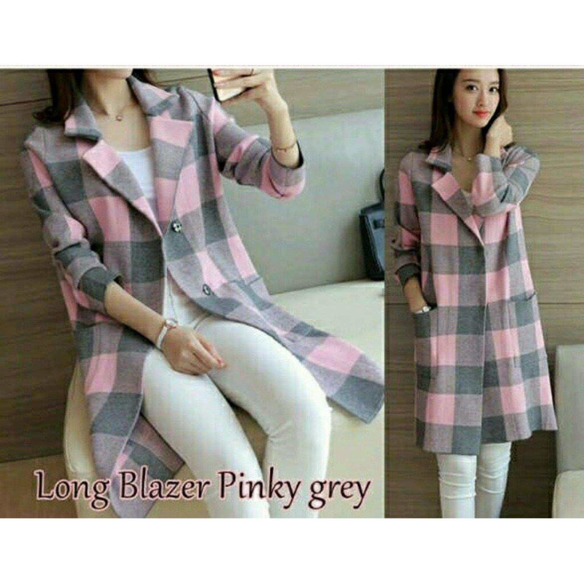 FASHION FLOWER-BLAZER WANITA  CARDIGAN WANITA  JAKET WANITA  LONG BLAZER  FASHION WANITA  PAKAIAN WANITA  LONG BLAZER KOTAK WANITA PINKY GREY