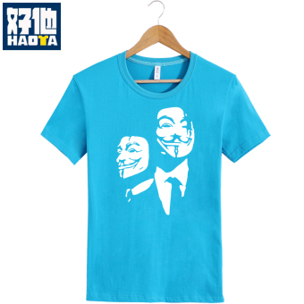 Gambar Film model laki laki musim panas kasual lengan pendek t shirt (Sky Blue Putih)