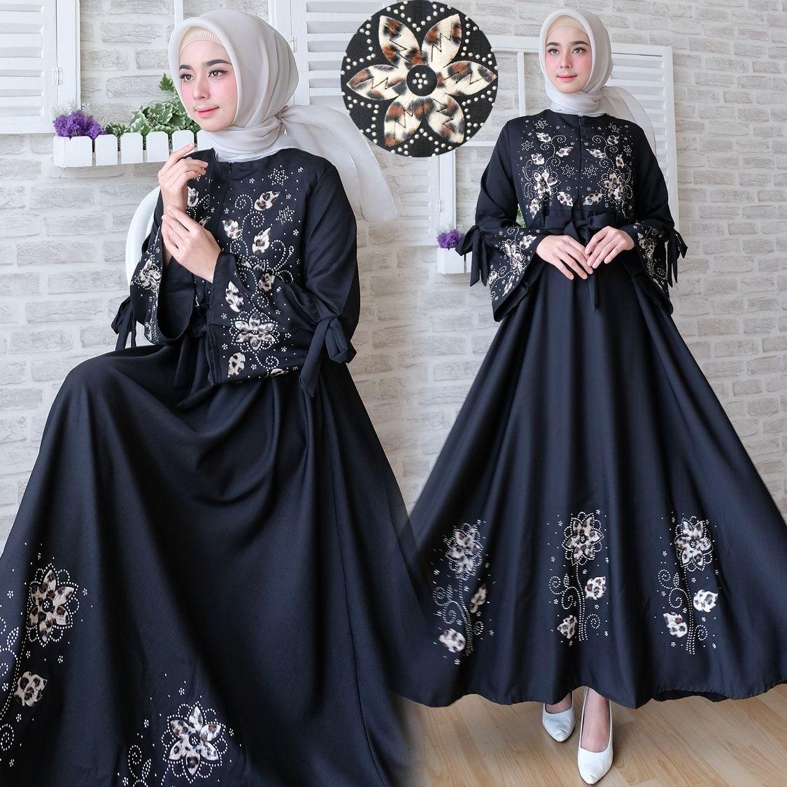 Flavia Store Gamis Syari Busui Motif Bunga FS0751 - HITAM / Baju Muslim Wanita Syar'i / Gaun Pesta Muslimah / Maxi Dress Lengan Panjang / Nimaxiflower