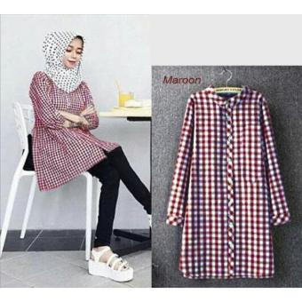 Gambar Flavia Store Kemeja Tunik Wanita Lengan Panjang Kotak FS0418   MAROON   Baju Santai Kasual   Blouse Kerja Formal   Terusan   Atasan Muslimah   Rnjunix