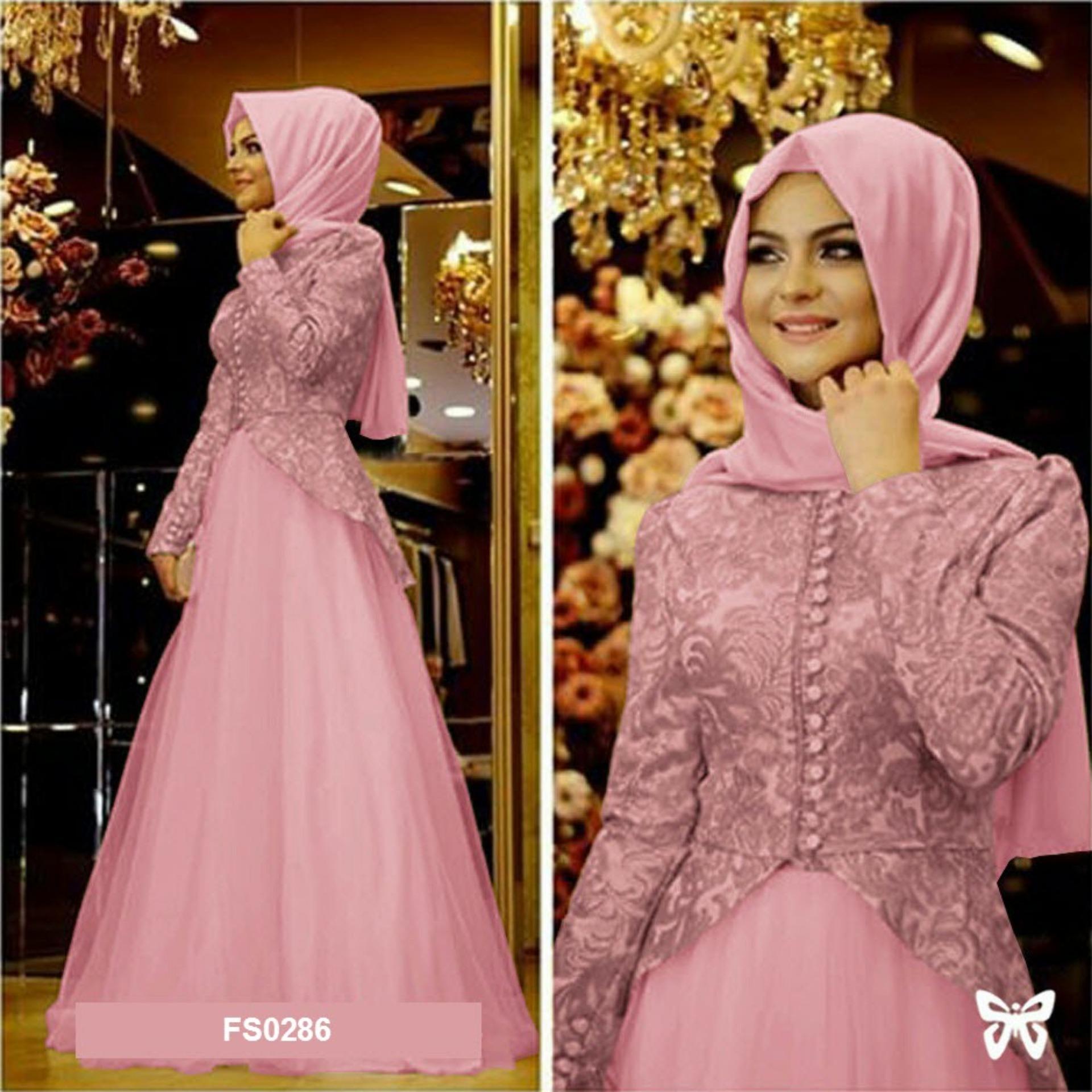 Flavia Store Maxi Dress Lengan Panjang FS0286 - PINK / Gamis / Gaun Pesta Muslimah / Baju Muslim Wanita / Srsalema