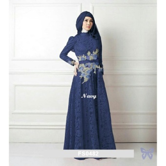 Gambar Flavia Store Maxi Dress Lengan Panjang Set 3 in 1 Bordir Bunga FS0482   NAVY   Gamis   Gaun Pesta Muslimah   Baju Muslim Wanita   Hijab   Srrosalinda
