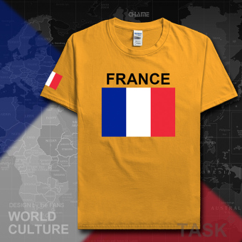 Gambar France sepak bola kapas t shirt pria lengan pendek kemeja pakaian (Lengan pendek emas hitam kata)