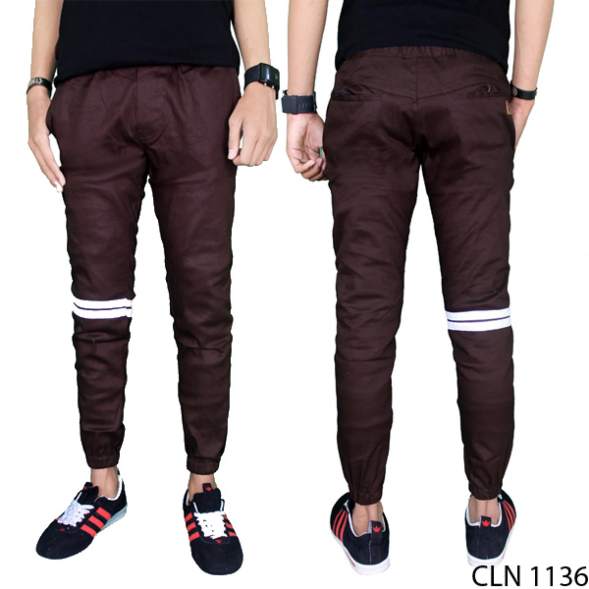 Gudang Fashion - Celana Jogger Pria Panjang Kasual Strip - Abu