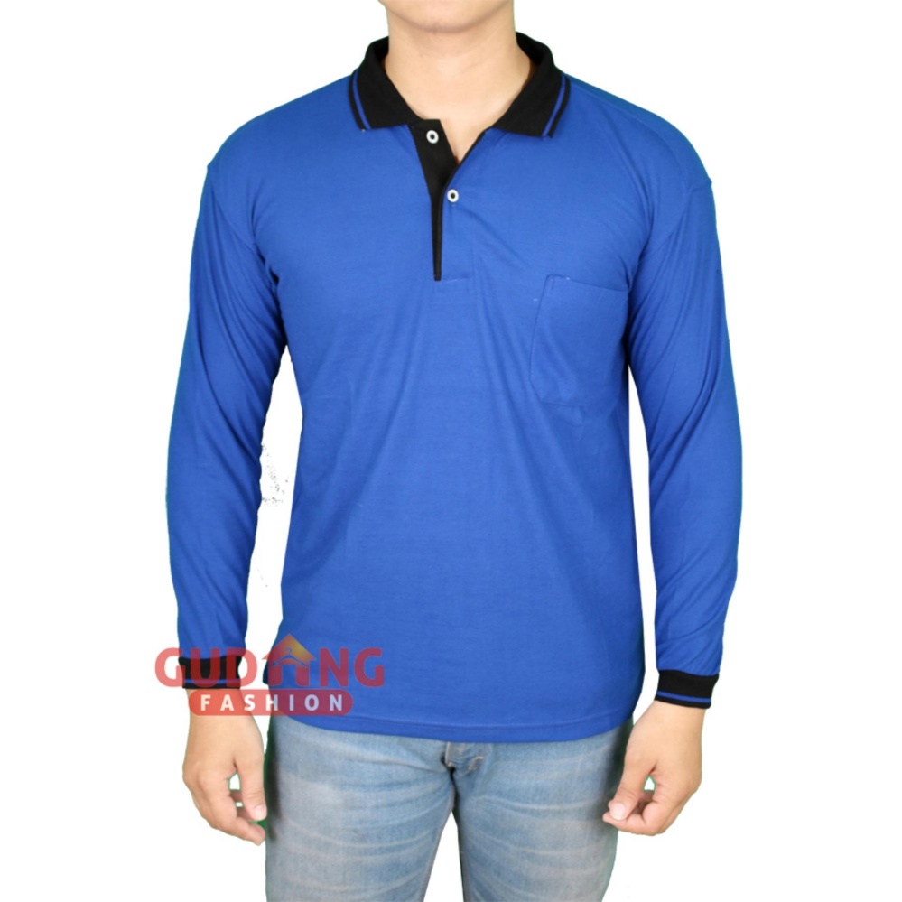 Gudang Fashion - Polo Shirt Pria Lengan Panjang - Biru Benhur Kerah Hitam