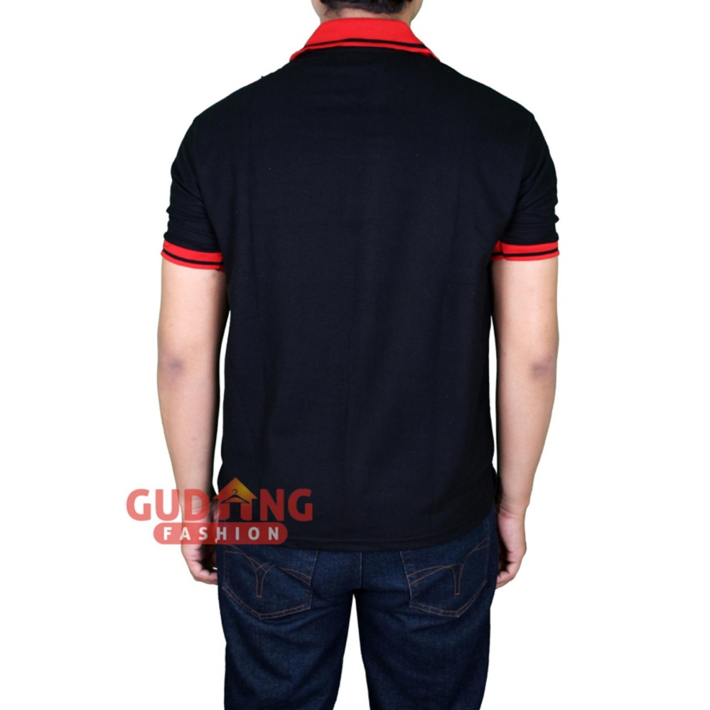 Gudang Fashion Kaos Terbaru Polo Pria Hitam Kerah Merah 