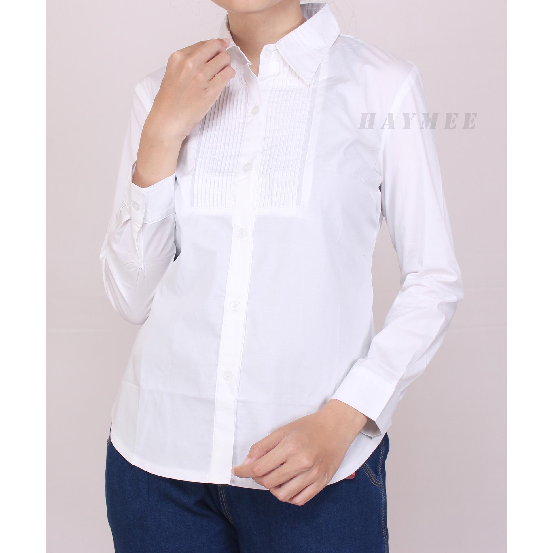 HaymeeStore Kemeja Putih Polos Wanita Baju Kantor Cewek Formal Atasan Kerja cewe Bahan Katun Strecth