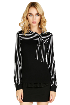 Stripes Long Sleeve women T-Shirts Casual Tops (Black)