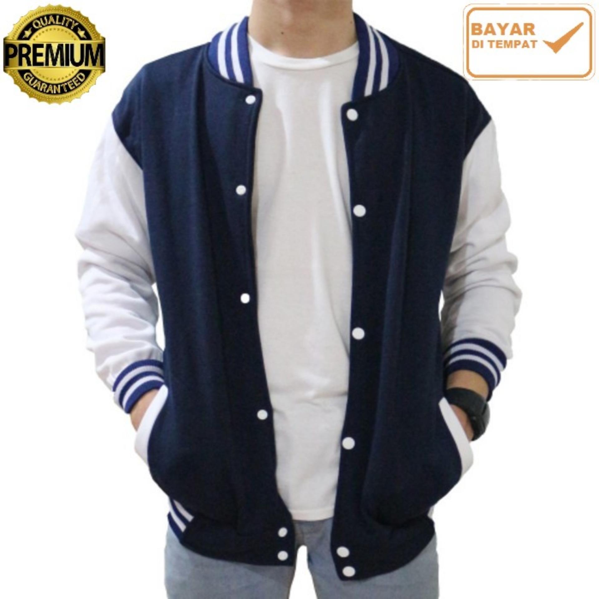 Jaket Baseball Varsity Navy Putih Polos - Unisex