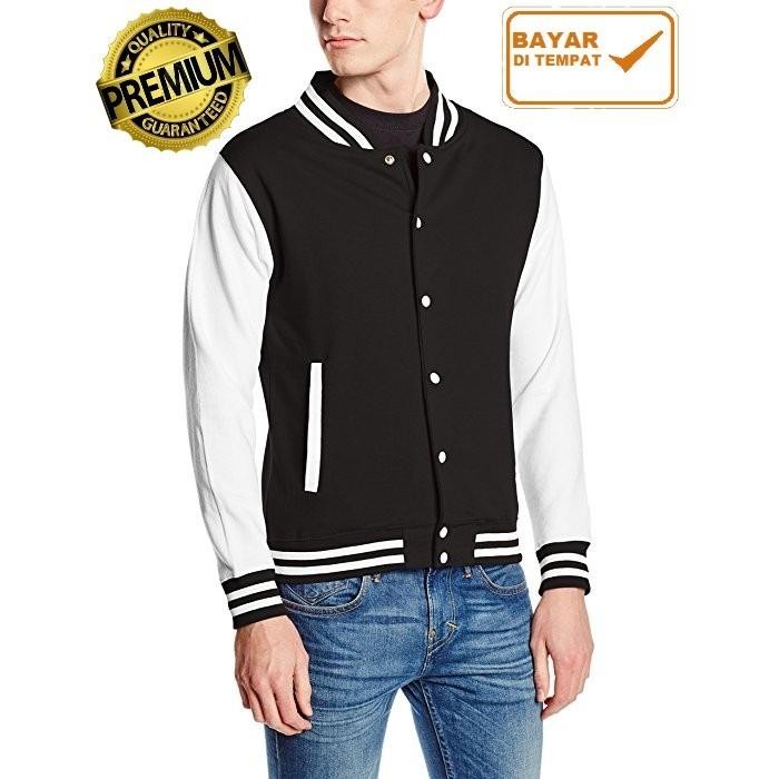 Jaket Baseball Varsity Navy Putih Polos - Unisex