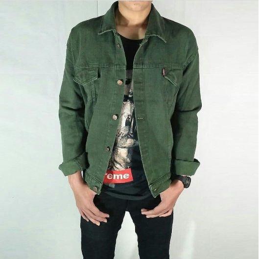 JAKET DENIM JEANS TRUCKER PREMIUM PRIA/COWOK [HIJAU/GREEN ARMY/KREM CREAM COKLAT/ABU GREY]