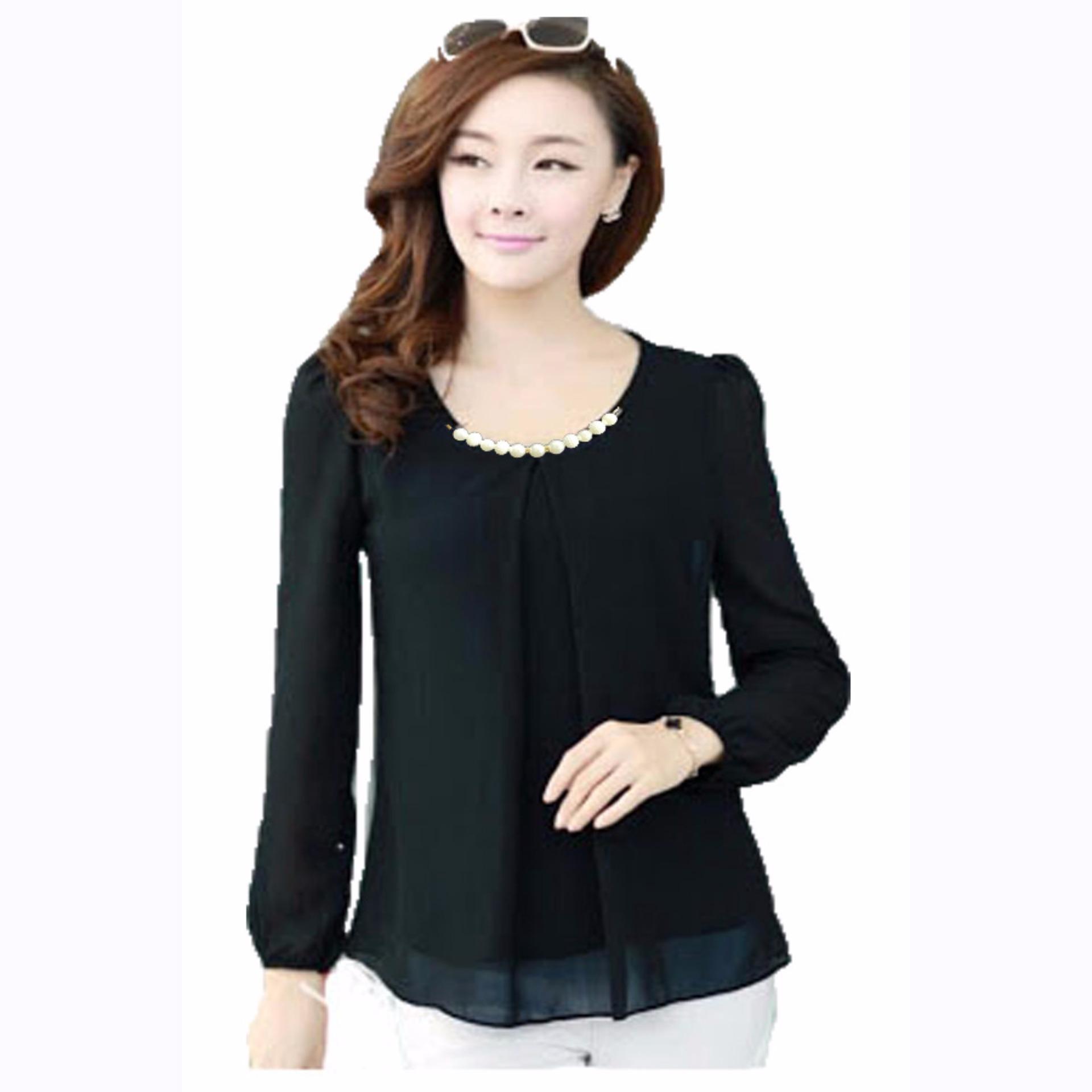 Jfashion Blus Wanita Tangan Panjang Model Korea Variasi Kalung