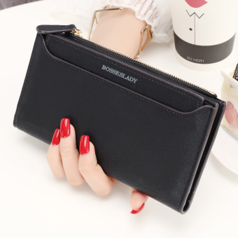 Jianyue perempuan bagian panjang ritsleting dompet tipis wanita wallet ( Hitam)