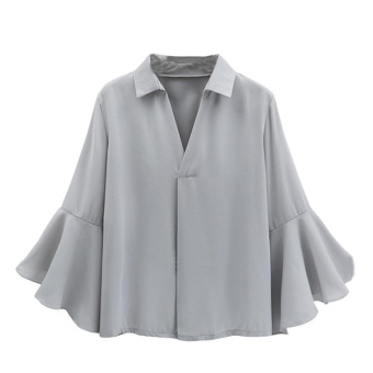 JollyChic Women's Blouse V Neck Flare Sleeve Solid Color Chiffon (Grey) - intl