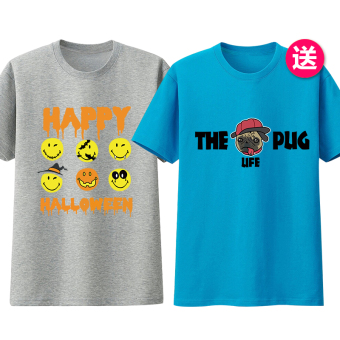 Gambar Kapas dicetak pria lengan pendek t shirt wajah tersenyum siswa bottoming kemeja (Halloween abu abu + pug biru muda)