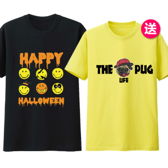 Gambar Kapas dicetak pria lengan pendek t shirt wajah tersenyum siswa bottoming kemeja (Halloween hitam + pug kuning)