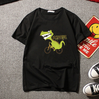 Gambar Kartun baru dinosaurus dicetak t shirt (T 037 dinosaurus bersepeda hitam)