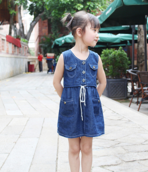 Gambar Korea Fashion Style Baru Anak anak Vest Gadis Gaun (Biru tua) (Biru tua)