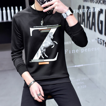 Gambar Korea Fashion Style ditambah beludru pria hangat tebal kemeja kecil lengan panjang t shirt (8707 hitam)