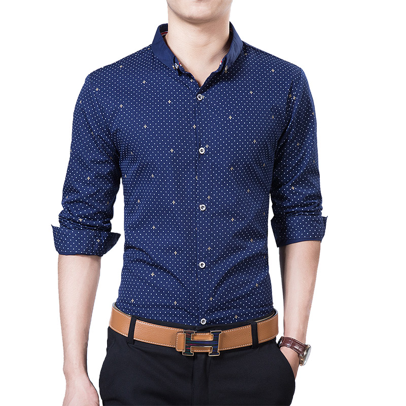 Korea Fashion Style lengan panjang Slim shirt cetak kemeja pria (51 bagian tipis biru tua