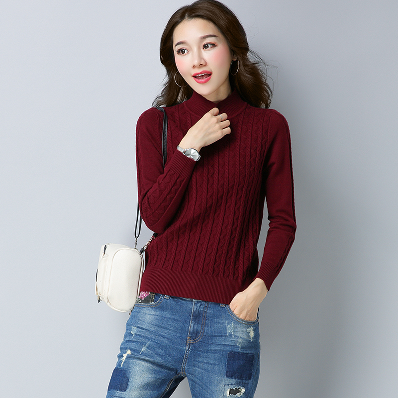 Korea Fashion Style merajut warna solid Slim bottoming kemeja tinggi leher sweater (CM2815 merah anggur