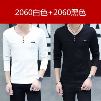 Gambar Korea Fashion Style Tambah Beludru Laki laki Remaja Bottoming Kemeja Hangat Lebih Tebal Lengan Panjang T shirt (Dua dimuat 2060 putih + 2060 hitam)