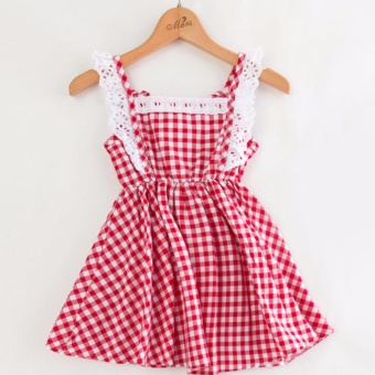 Gambar Korean Children Clothing Girls Lace Sleeve Plaid Dress Sweet Baby Fashion Kids Clothes(red)   intl