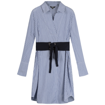 Gambar Korean style long sleeved vertical striped shirt collar dress skirt (Bergaris warna pencampuran)