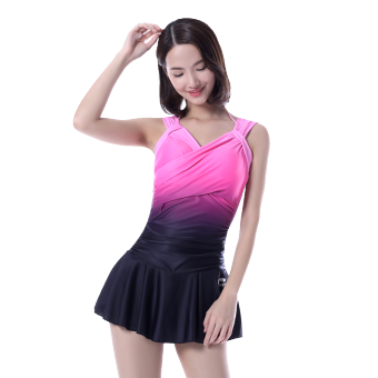 Gambar LINING busana perempuan siam gaya rok baju renang (Hitam merah muda gradien) (Hitam merah muda gradien)