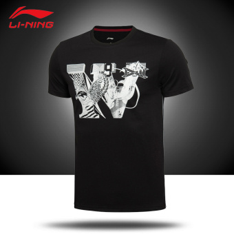 Gambar LINING Dan Bahan Katun Yang Nyaman Laki laki Musim Panas Ayat Kemeja Budaya T shirt (New dasar hitam) (New dasar hitam)