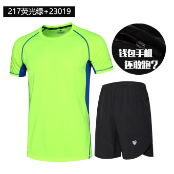 Beli Longgar Berjalan Kebugaran Room Kelima Celana Pendek Musim Panas Lengan Pendek T-shirt (217 hijau neon + 23019 hitam) (217 hijau neon + 23019 hitam) ...