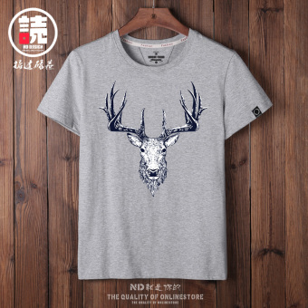 Gambar Longgar Jepang Rusa Katun Lengan Pendek T shirt (Abu abu rusa dinding ciu) (Abu abu rusa dinding ciu)