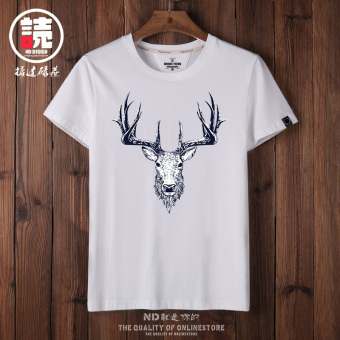 Gambar Longgar Jepang Rusa Katun Lengan Pendek T shirt (Putih rusa dinding ciu) (Putih rusa dinding ciu)